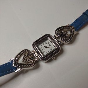 Silver Tone Heart Watch With Blue Band
